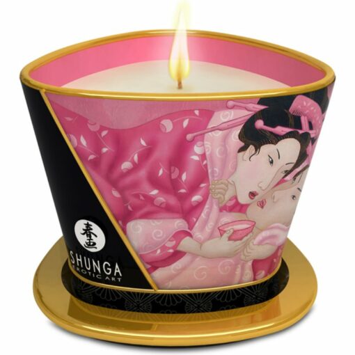Vela de masaje Shunga Rosa Afrodisíaca, aceite de masaje a la temperatura ideal y con un aroma sensual que despierta todos tus sentidos. TS&F Sex Shop.